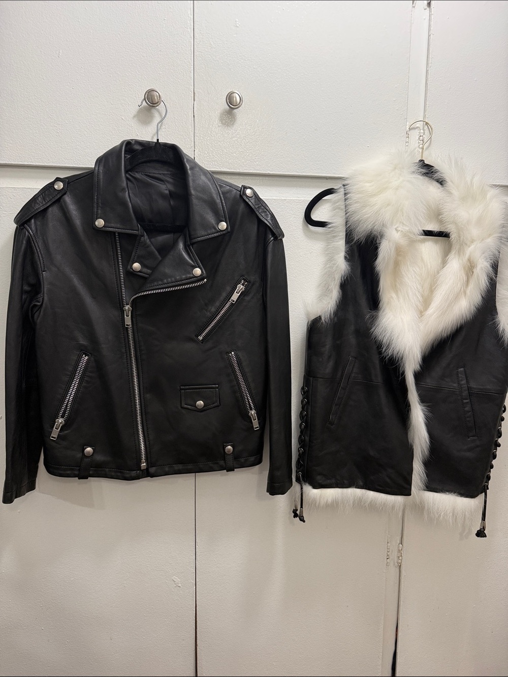 Black genuine leather and fur moto Jacket and vest small